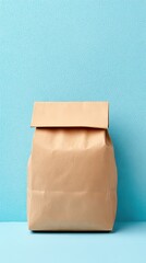 Brown Paper Bag Mockup on Light Blue Surface Against Glittery Turquoise Background High Key Lighting Style Minimalist Product Packaging Display