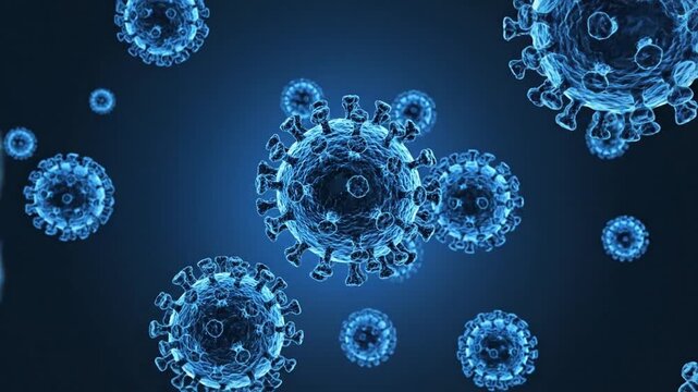 High quality scientific 3D visualization of virus particles suspended in space realistic microscopic coronavirus appearance glowing cyan rim blue spherical bodies detailed spike protein surface semi t