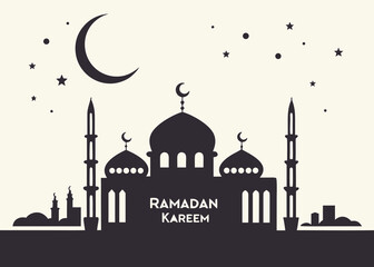 Flat illustration of Ramadan Kareem, featuring an elegant mosque silhouette, crescent moon, and stars, ideal for Islamic holy month celebrations