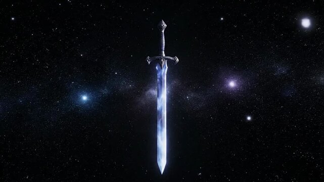Fantasy sword floating in space against a backdrop of stars and nebulae