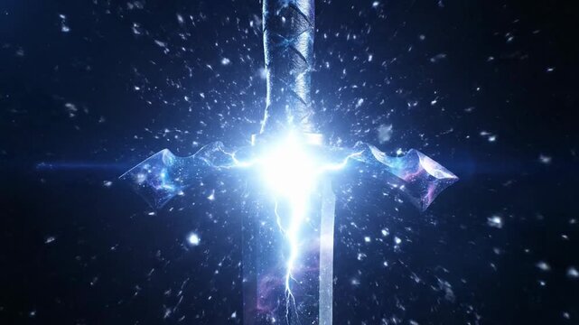 Fantasy sword with abstract galaxy design on black background