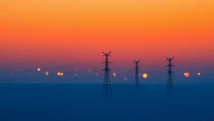 Electricity pylons at sunset