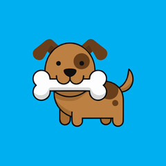 Fototapeta premium Cute cartoon brown puppy dog holding a large white bone in its mouth, adorable pet character vector illustration isolated on blue background