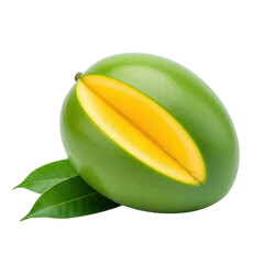 Green mango isolated on transparent background with yellow flesh and leaves