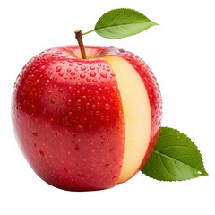 Fresh red apple isolated on transparent background with green leaves attached