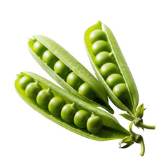Three green pea pods isolated on transparent background with peas inside