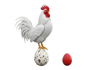 White rooster standing on egg isolated on transparent background with red egg