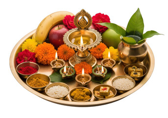 Pujah plate with diyas and offerings isolated on transparent background