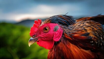 Close-up of a vibrant rooster with striking red comb and detailed plumage, nature background.