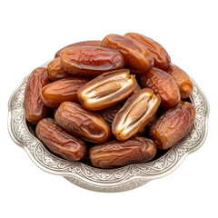 A silver plate filled with delicious dates isolated on transparent background