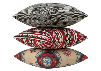 Three decorative pillows isolated on transparent background with vibrant patterns and designs