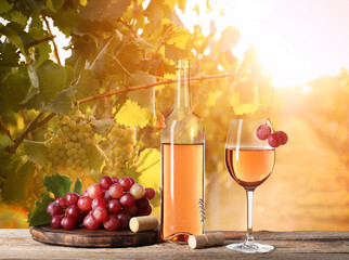 Obraz premium Wine and fresh grapes on table. Glass and bottle in sunny vineyard