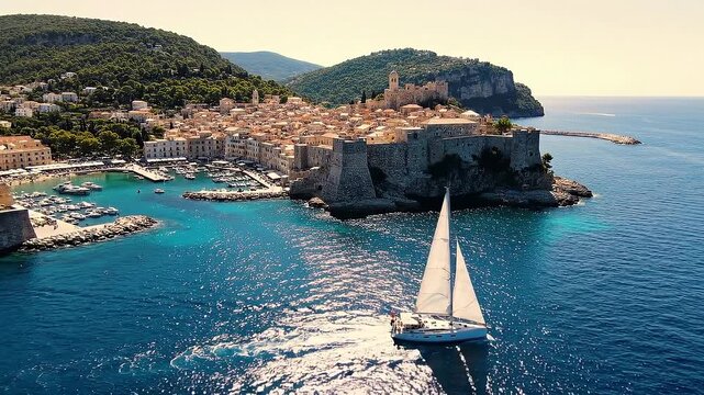 Aerial view of coastal town with sailboat and clear blue sea hd 4k, HD 4K , Sailboat near historic coastal city by turquoise sea,Aerial view of seaside town and sailboat in summer,Beautiful coastal ci