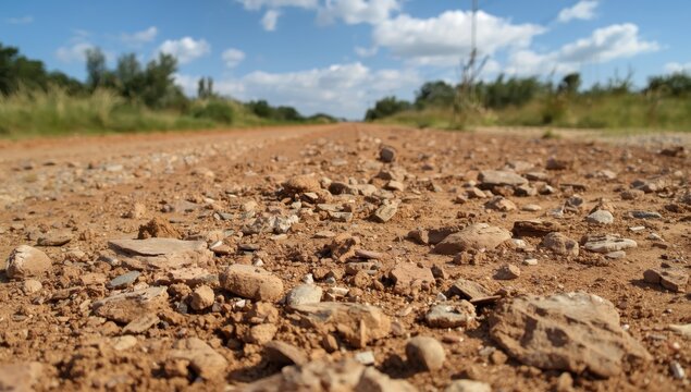 Detailed view of a bumpy dirt path with stones and minor dips