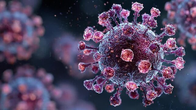 Close up view of virus cell structure in medical illustration hd 4k, HD 4K , Detailed virus microorganism in scientific background,Virus cell with spike proteins in 3d medical render,Scientific illust