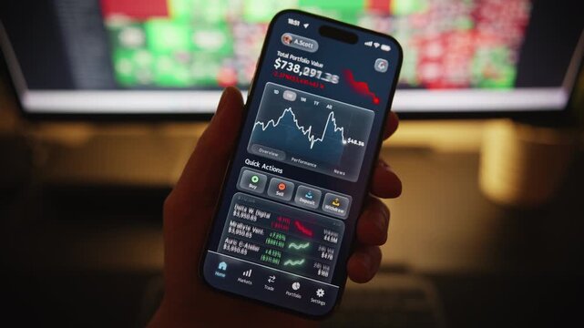 Male hand holding smartphone, financial investment app shows declining portfolio value and falling charts. Indoor scene with downturn stock market data, bearish trend negative investment performance