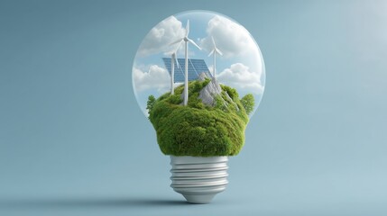 Innovative approach to renewable energy showcasing a light bulb filled with greenery, solar panels, wind turbines, and a rocky landscape for sustainability concepts