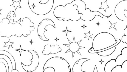 Seamless vector pattern featuring sun, moon, clouds, stars, planets, and rainbow