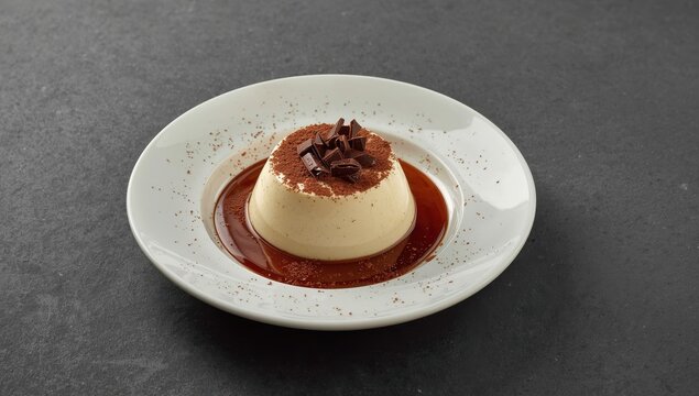 Italian panna cotta dessert with coffee and chocolate on a dark gray plate