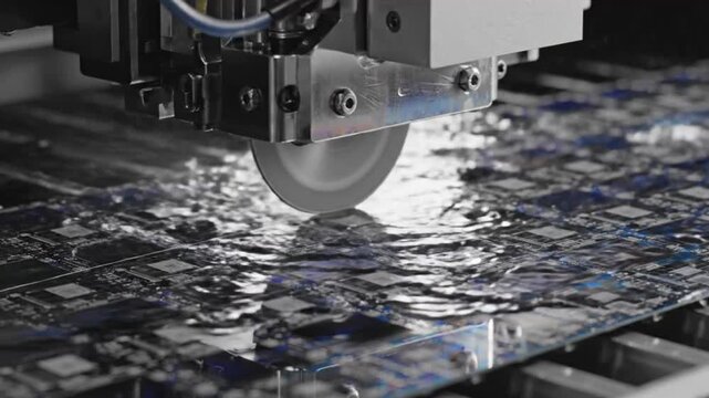 Industrial Waterjet Cutting Process On Metal Sheet.