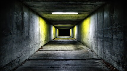 Dimly Lit Concrete Tunnel Perspective Leading to Blackness with Rough Textured Walls And Distant Light Source with Yellow Glow and Horizontal Emphasis