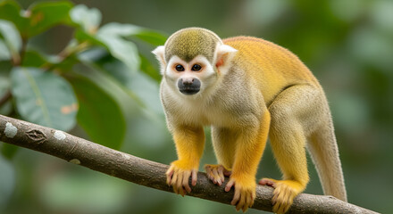 Obraz premium Realistic photo of a squirrel monkey standing on a tree branch in a tropical forest, showing sharp details, natural colors, and exotic wildlife in its natural habitat.