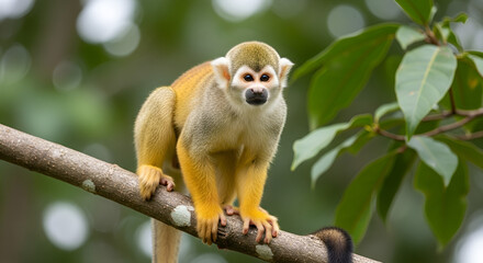Obraz premium Realistic photo of a squirrel monkey standing on a tree branch in a tropical forest, showing sharp details, natural colors, and exotic wildlife in its natural habitat.