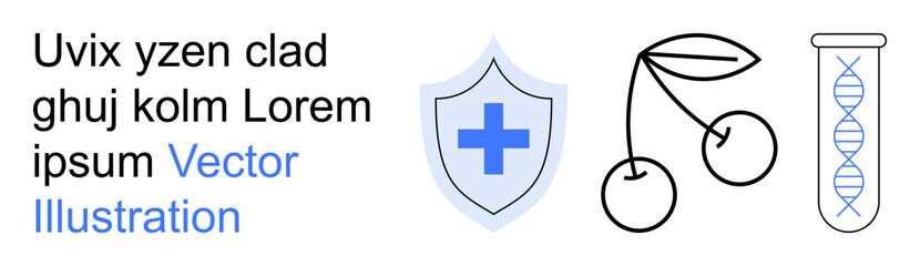 Obraz premium Health, nutrition, medical research, science, wellness, genetics. A shield with a cross, cherries and a DNA test tube. Health and nutrition concepts with clean line icons