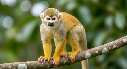 Obraz premium Realistic photo of a squirrel monkey standing on a tree branch in a tropical forest, showing sharp details, natural colors, and exotic wildlife in its natural habitat.