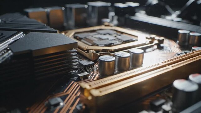 Close-up view of a computer motherboard featuring a CPU with capacitors and circuits in a complex electronic setup