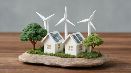 Model of Sustainable Homes with Solar Panels and Wind Turbines on a Wooden Base Representing Renewable Energy and Eco-Friendly Living Concepts