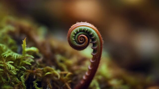 Macro close-up of a young fern fiddlehead spiral unfurling on a mossy forest floor