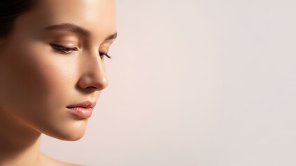 Obraz premium Close up profile of young woman face with perfect skin looking down. Skincare and beauty cosmetic concept for ad.