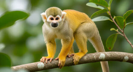 Obraz premium Realistic photo of a squirrel monkey standing on a tree branch in a tropical forest, showing sharp details, natural colors, and exotic wildlife in its natural habitat.