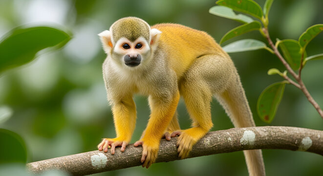Realistic photo of a squirrel monkey standing on a tree branch in a tropical forest, showing sharp details, natural colors, and exotic wildlife in its natural habitat.
