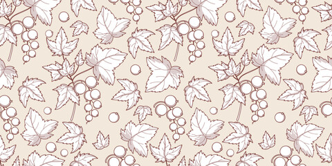 Outline Blackcurrant Branches Seamless Pattern. Line Art Summer Berry Currant with Leaves on Light Background. Botanical hand-drawn Vintage Template. Vector Horizontal illustration