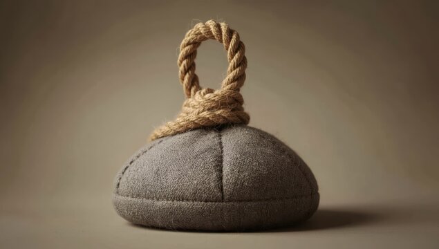 Old-fashioned gray fabric doorstop with stuffing and a rope handle