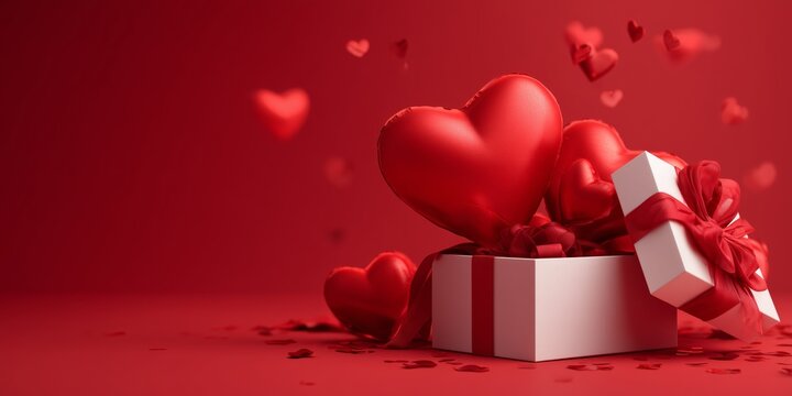 Modern romantic background with red heart balloons, gift box, and soft depth-of-field for Valentine greeting designs