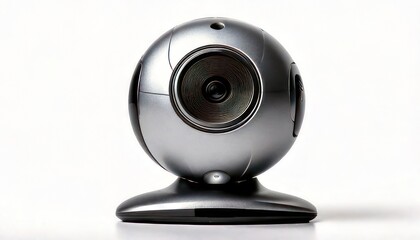 Close-up of a silver webcam on a white background, isolated and ready to use.