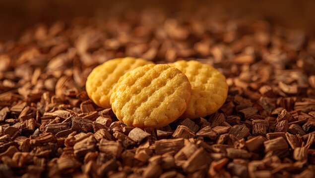 Pineapple-flavored Nextar biscuits on wood chips