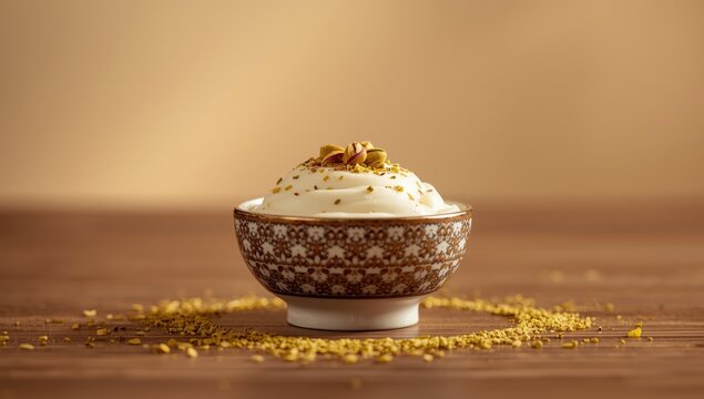 Pistachio-topped milk rice pudding, Arabic sweet