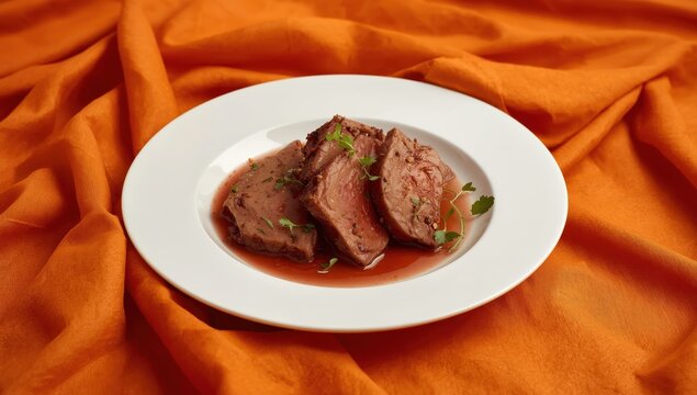 Plate of mutton liver on orange cloth
