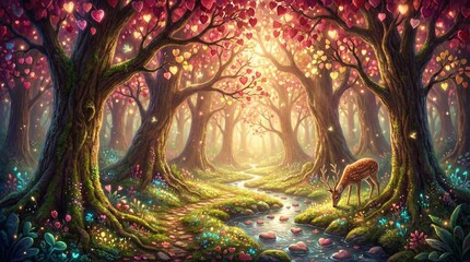 Fototapeta premium A serene forest scene with a deer drinking from a stream surrounded by vibrant trees and flowers