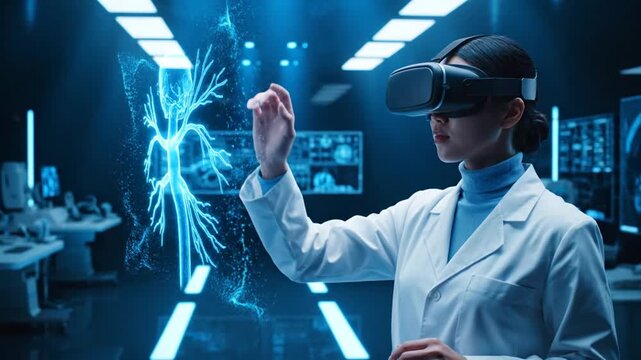 Asian Female Doctor in White Lab Coat Using VR Headset Interacting with Digital Anatomy Model in Futuristic Lab
