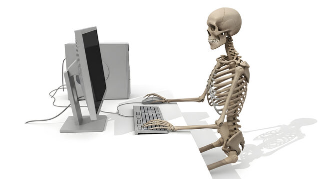 Skeleton sitting at a computer desk, typing on a keyboard and using a mouse, representing burnout or endless work, 3D render