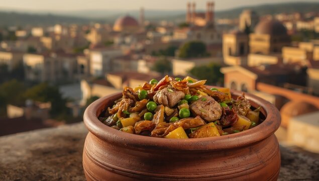 Baku, Azerbaijan. Traditional Sheki soup Piti made in a clay pot with mutton, chestnuts, peas, onions, and potatoes