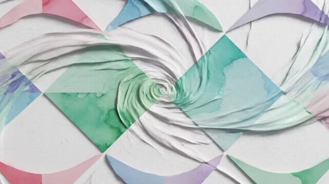 Aerial view of swirling fabric patterns in pastel hues on a geometric background with abstract shapes and soft colors