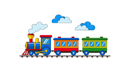 Fototapeta premium Colorful steam train with carriages and clouds