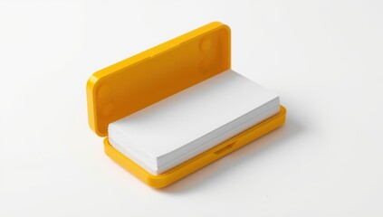 Yellow case containing blotting papers on a white surface