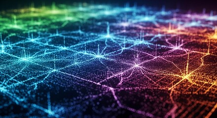 Koneksi jaringan yang dinamis dalam lanskap digital futuristik.